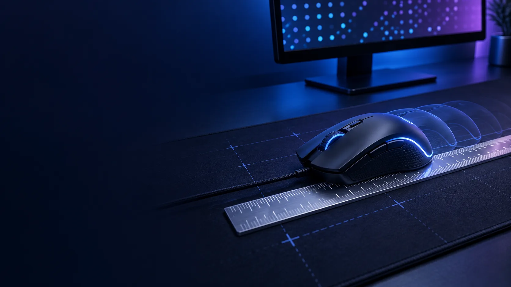 Mouse beside a ruler for a measured-distance DPI calibration test