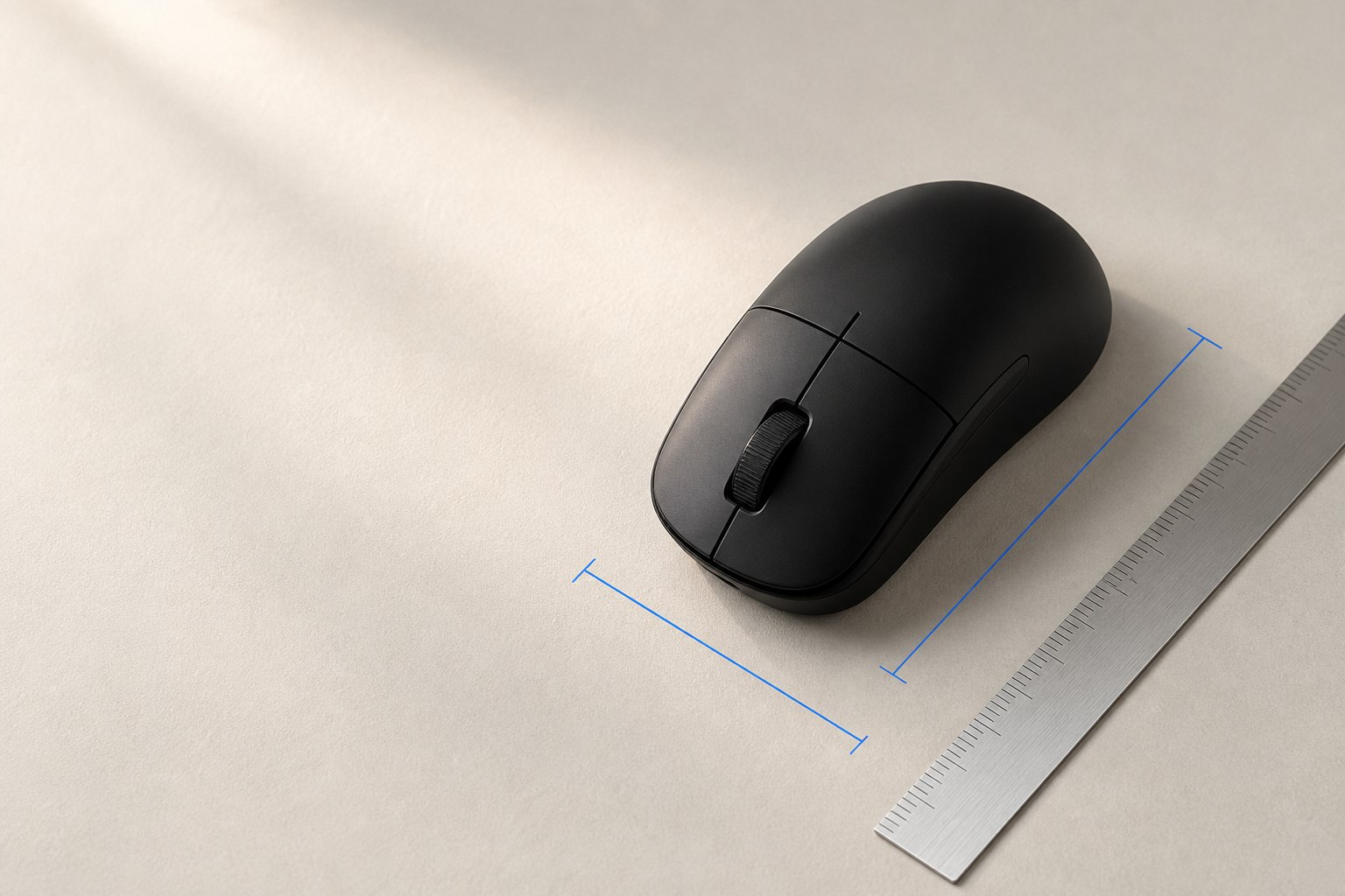 Generated editorial illustration of a matte black mouse beside a metal ruler and blue measurement marks